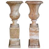 Pair of Italian Neoclassical Style Siena Marble Urns on Pedestal