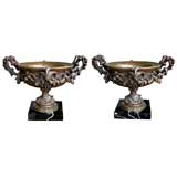 A Pair of French Bronze Double-Handled Urns w/Black Marble Bases