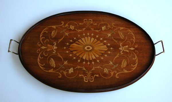 English George III Style Mahogany Oval Tray w/Inlaid Marquetry