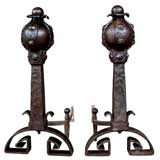 Boldly-Scaled Pr of English Wrought Iron Arts & Crafts Andirons