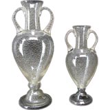 A Large Pair of Italian Mid-Century Double Handled Glass Urns