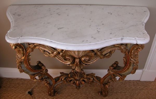 A French Rococo Revival Aqua Painted & Parcel-Gilt Console