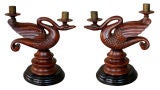 An Elegant Pair of Continental Wood Carved Swan-Form Candelabra