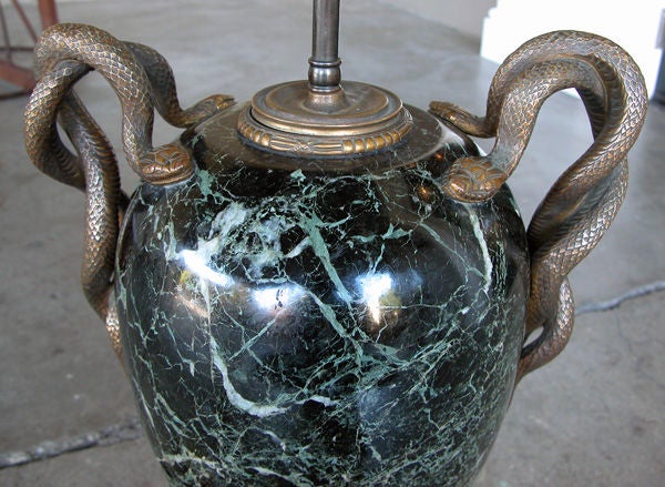 A Massive French Empire Style Green Tinos Marble Urn Lamp