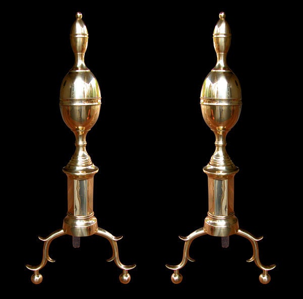A Stately Pair of American Federal Brass Double-Lemon Andirons