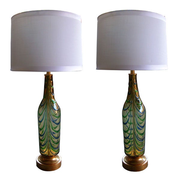 A Pair of Italian Honey-Colored Glass Bottle-Form Lamps; Murano