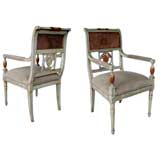 An Elegant Pair of English Sheraton Style Pale-Green Painted and Parcel-Gilt Armchairs with Caned Backs