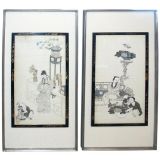 Pair of Antique Asian Watercolor Panels