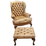 Antique Crusty Tufted Leather Chair With Ottoman