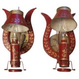 Antique Pair of Painted Red Tole Sconces