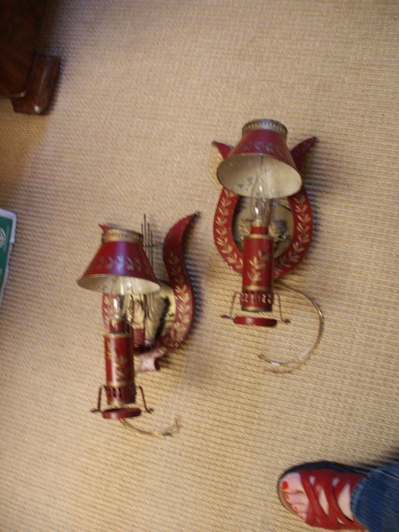 Pair of Painted Red Tole Sconces