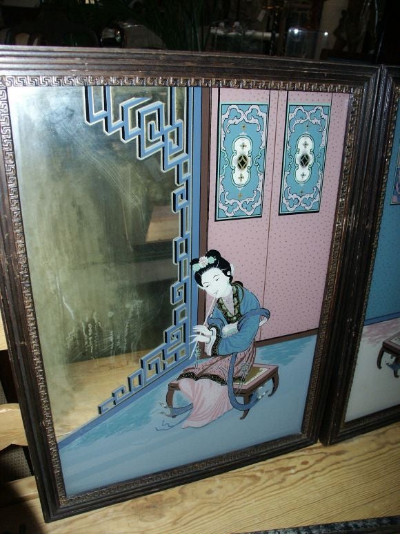 Fun pair of Asian reverse paintings on glass with mirrored background.
