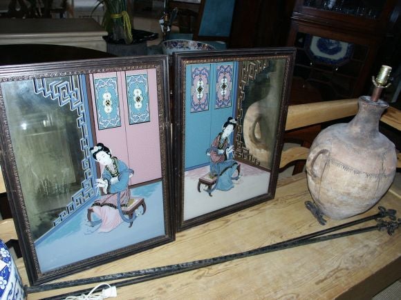 Mid-20th Century Pair of Reverse Paintings On Glass