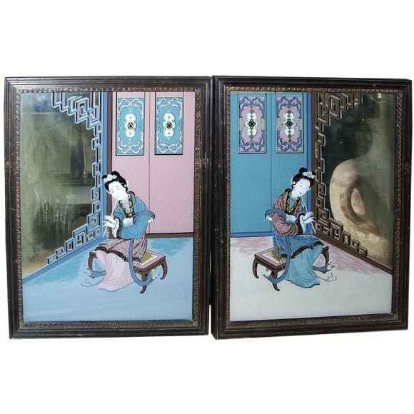 Pair of Reverse Paintings On Glass