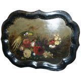 Antique 19th C Painted Tole Tray With Bird