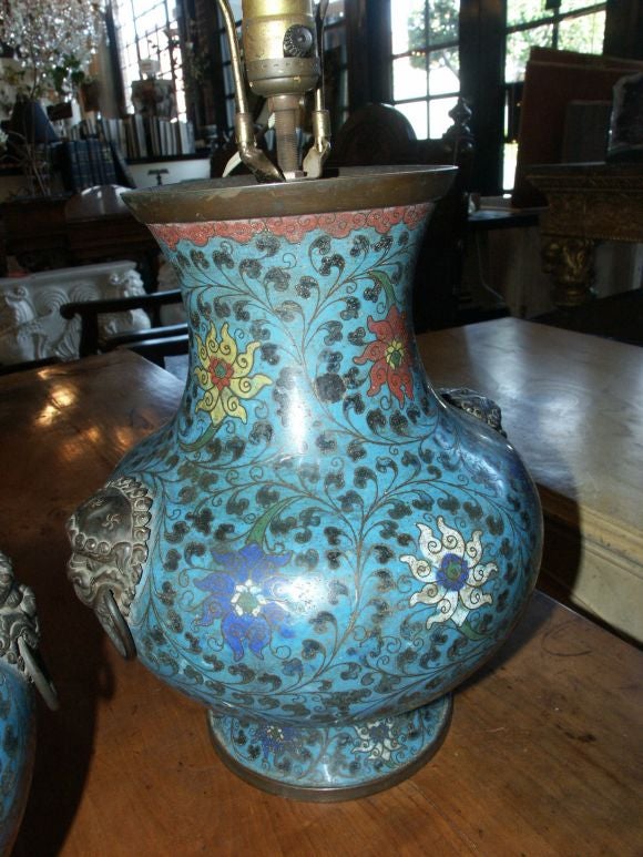 19th Century Pair of Antique Chinese Cloisonne Lamps (Not Drilled)