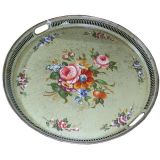 Green Tole Tray With Floral Design