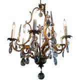 Gilt Bronze and Iron Chandelier with Crystal Drops