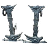 Antique Pair of 19th C Andirons  Animal  Heads And Iron Rings
