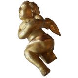 Antique 19th C Giltwood Cherub On Wall Mount