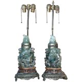Pair of Carved Green Asian Lamps