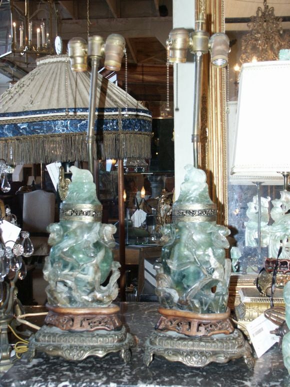 Pair of Carved Green Asian Lamps