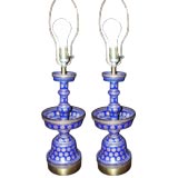 Antique Blue Asian Enamel Candlestick Lamps