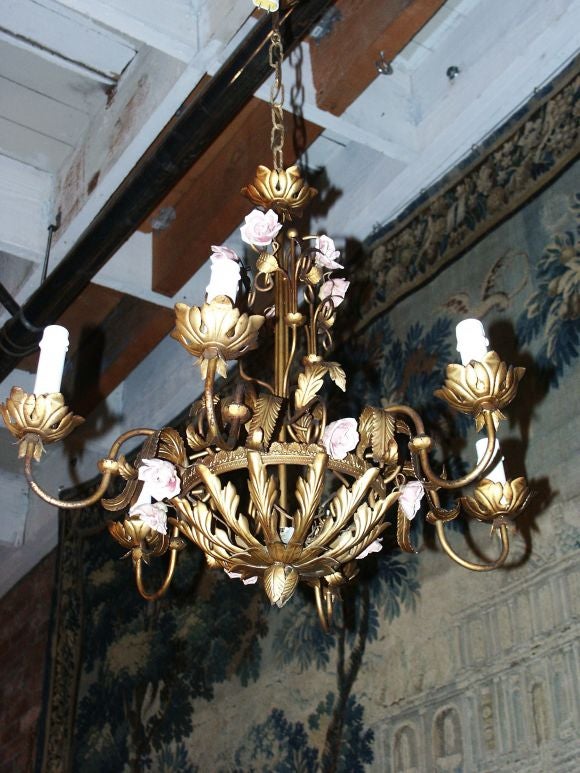 Vintage Gilt Metal Chandelier with Porcelain Flowers