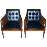 Pair of Regency Style Leather and Cane Simulated Bamboo Chairs