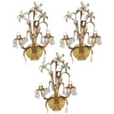 Set of Three Gilt Metal and Crystal Floral Sconces