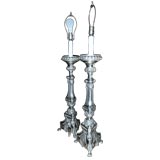 Pair of Silvered Altar Stick Lamps