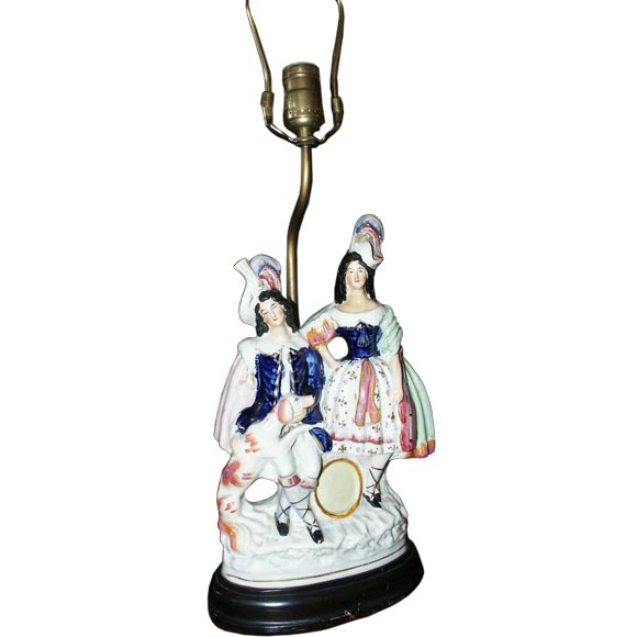 Staffordshire Lamp of Man and Woman with Dog