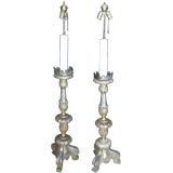 Pair of Silver & Giltwood Antique Altar Stick Lamps