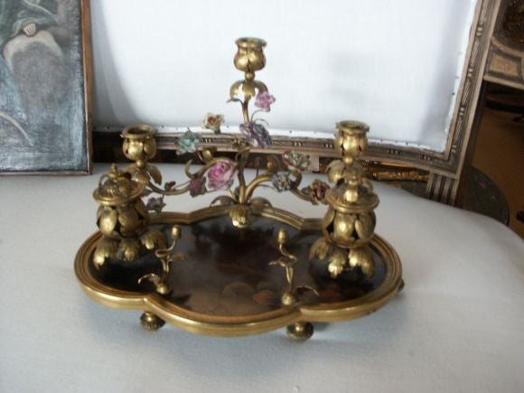 Beautiful Louis XV Porcelain mounted gilt bronze and lacquer ink well with candle holders.