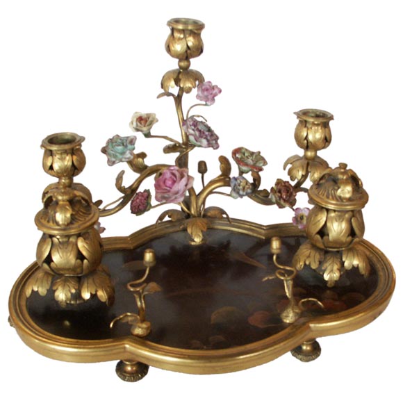 Beautiful Antique Chinoiserie and Bronze French Encrier For Sale