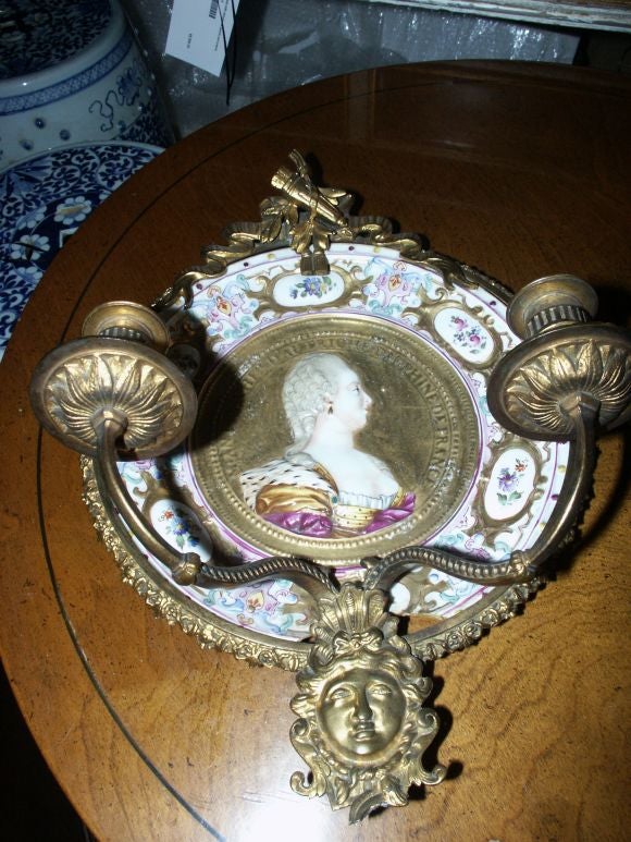 Pair of Antique Bronze Mounted Porcelain Wall Sconces