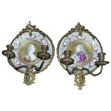 Pair of Antique Bronze Mounted Porcelain Wall Sconces