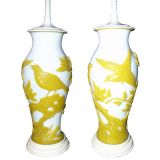 Pair of Antique Carved Peking Glass Vases Made into Lamps
