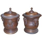 Unusual Pair of Carved Wood Urns With Lids