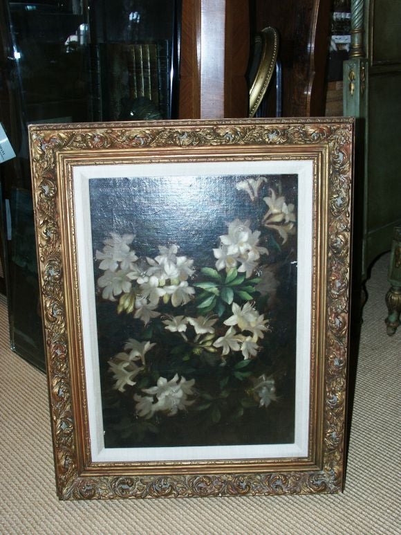 beautiful floral oil painting laid down on later back with new frame.