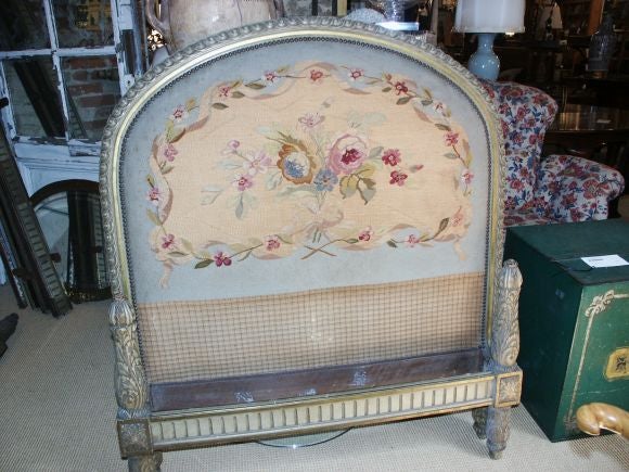 Beautiful  antique twin bed with tapestry covered headboard, great detailed carving, and paint. The Textile is antique.