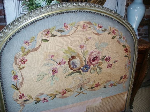 Carved Painted French Twin Bed with Tapestry