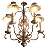 Iron Chandelier With Tole Shades And Gilt Finish