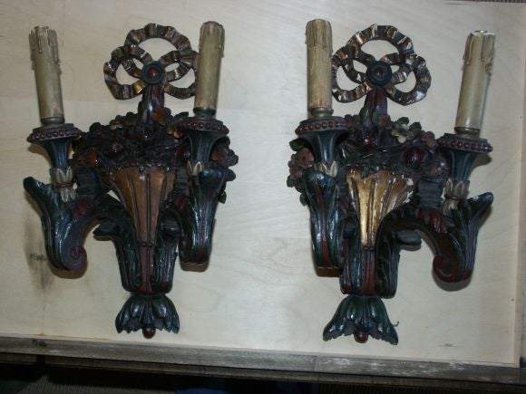 Pair of Early 20thC Carved Wood Sconces