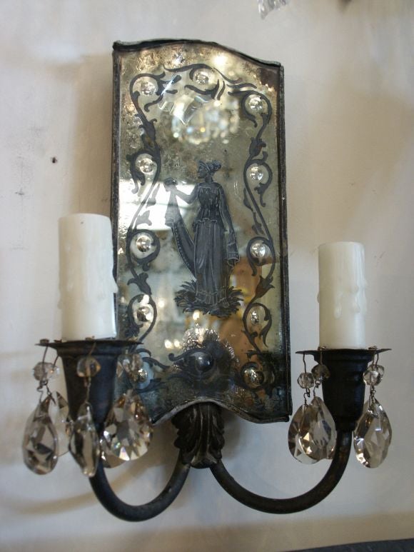 Pair of Reverse Etched Mirrored Sconces