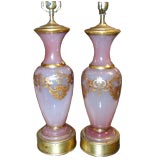 Pair of Pink Opaline & Gilt Decorated Lamps by Frederick Cooper