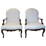 Pair of 18th C Walnut Italian Arm Chairs with hoof feet