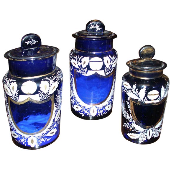 Set of Three Antique Cobalt Blue Apothecary Jars