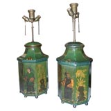 Pair of 19th C Tole Tea Canister Lamps With Chinoiserie