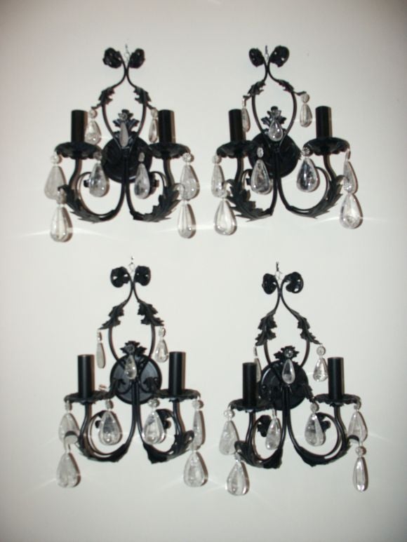 Set of Four Iron and Rock Crystal Sconces